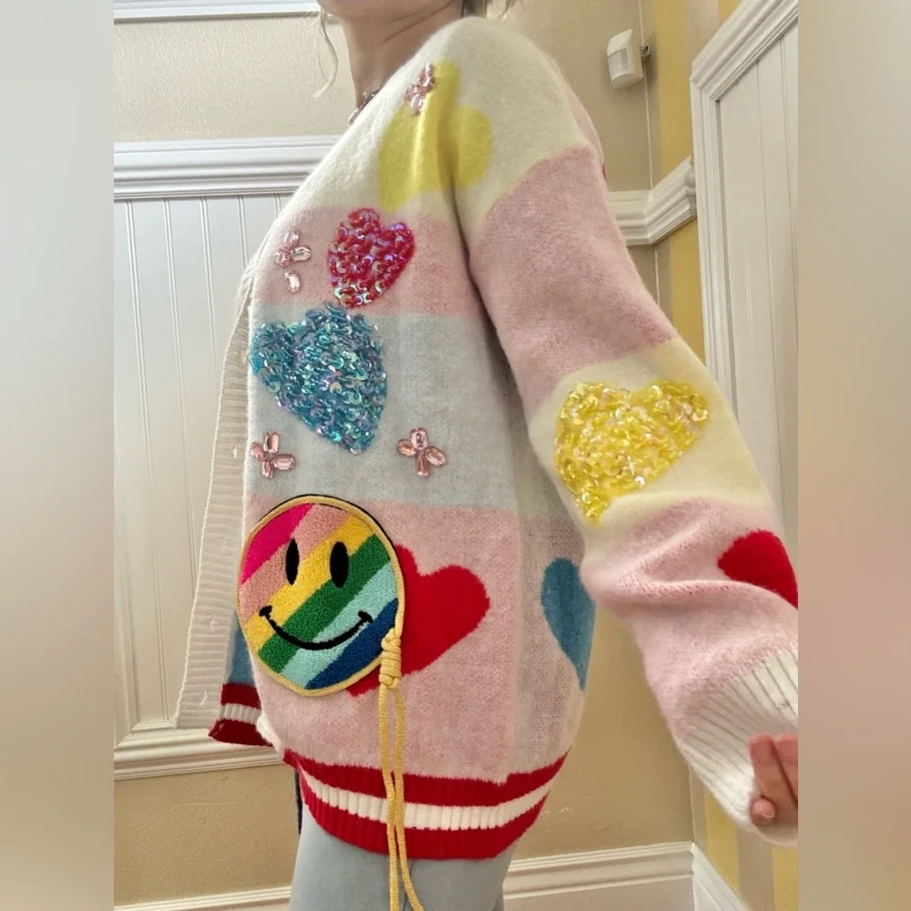 Colorful Smiley Face Cardigan Sweater - Picture 5 of 6